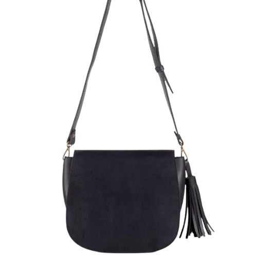 Black Suede Crossbody Bag With Leather Tassel – Adjustable Strap