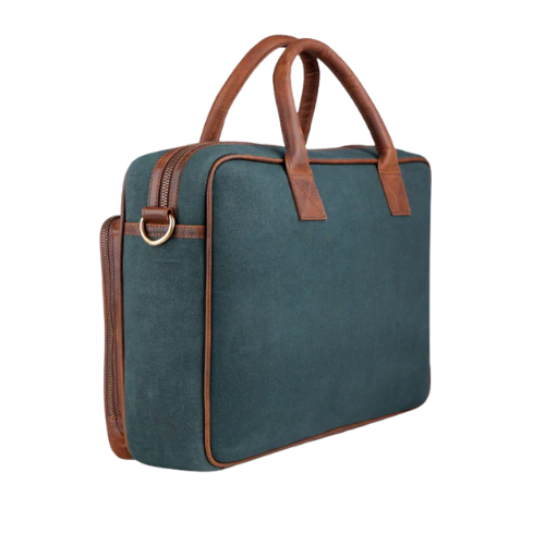 Vintage Green Canvas & Brown Leather Laptop Bag - Image 3