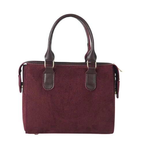 Elegant Maroon Suede-style Handbag With Brown Faux Leather Handles