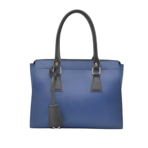 Elegant Blue & Black Faux Leather Handbag With Dual Top Handles