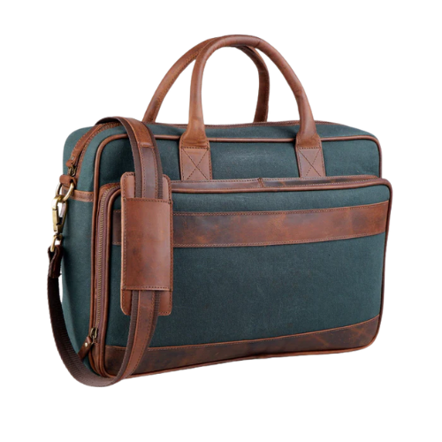 Vintage Green Canvas & Brown Leather Laptop Bag - Image 2