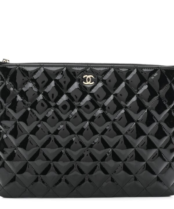 Patent Calfskin Quilted Medium Cosmetic Case Black