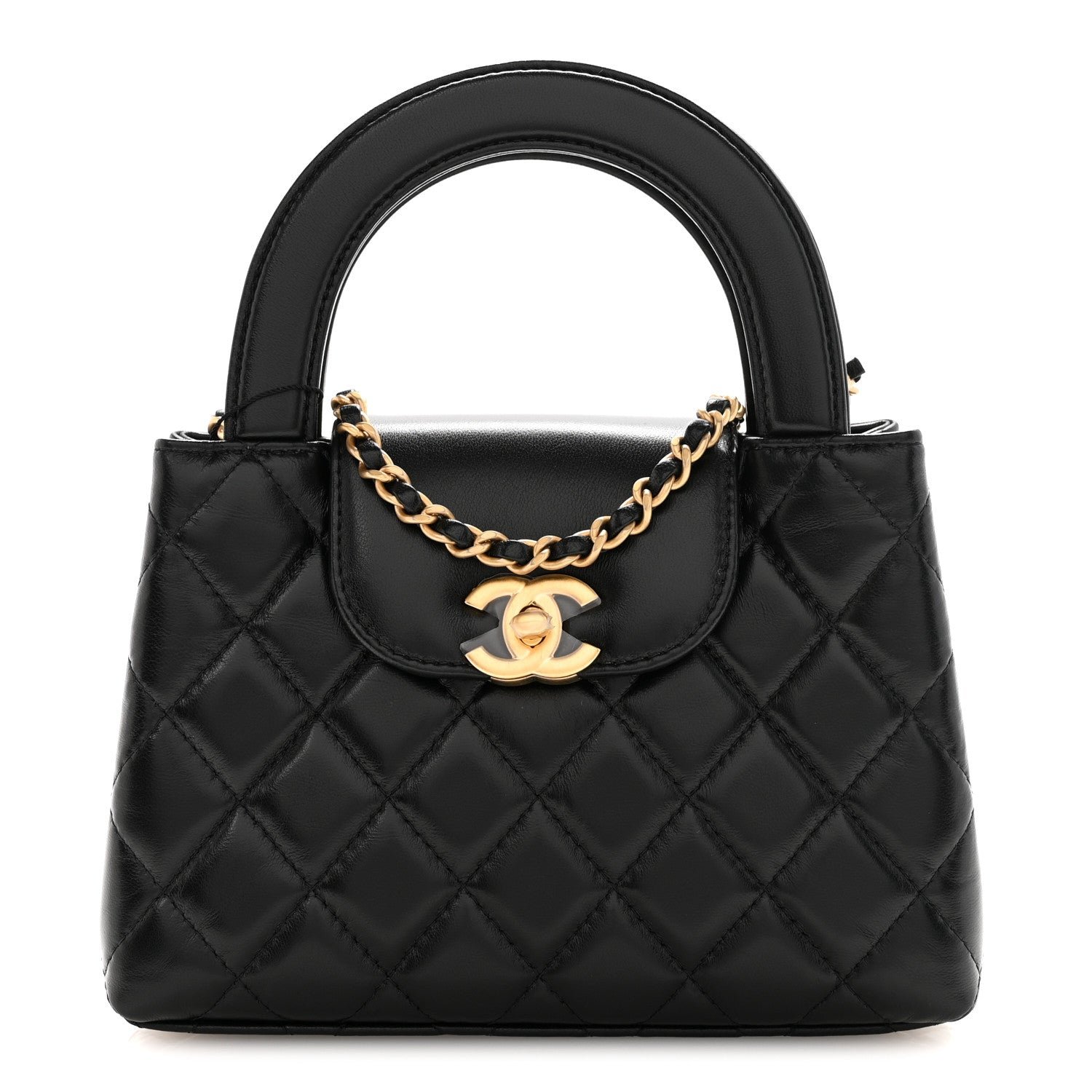 Shiny Aged Calfskin Quilted Nano Kelly Shopper Black