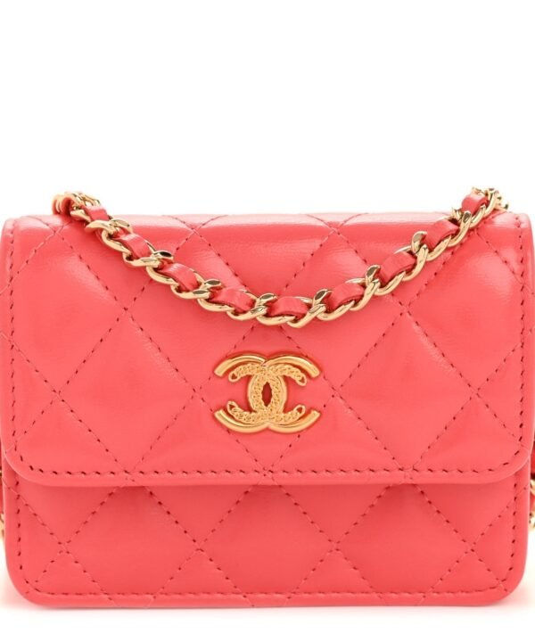 Shiny Lambskin Quilted Card Holder On Chain Pink