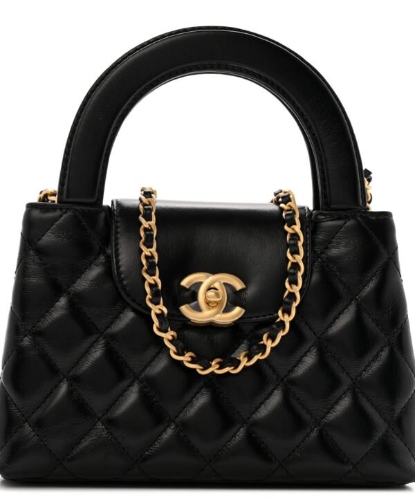 Shiny Aged Calfskin Quilted Nano Kelly Shopper Black