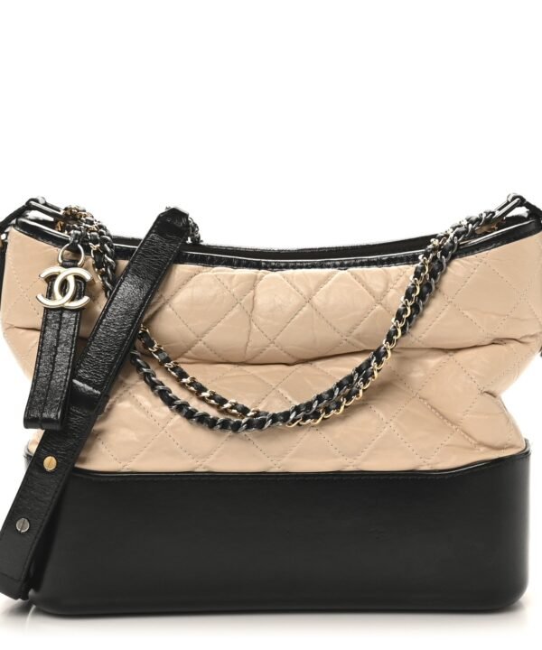 Aged Calfskin Quilted Medium Gabrielle Hobo Beige Black