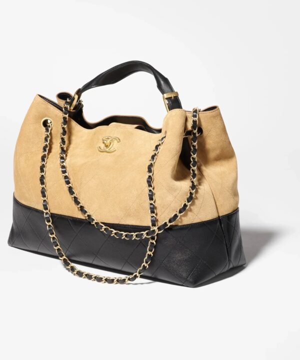 Large Shopping Bag Braided Straw, Suede Calfskin & Gold-Tone Metal