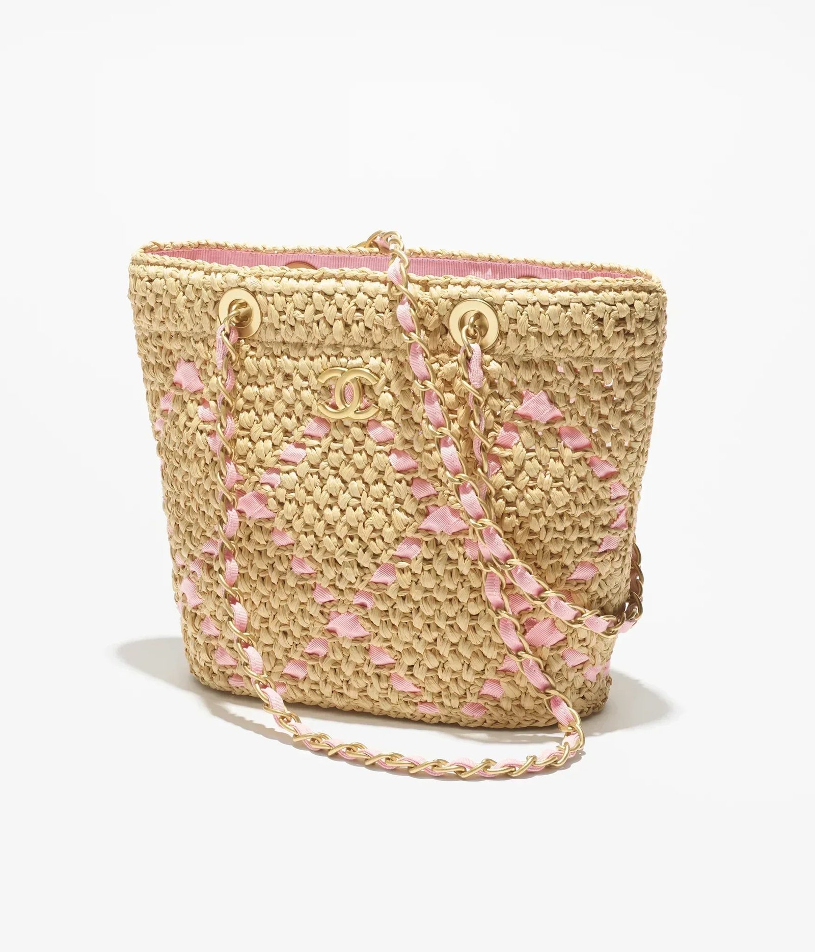 Small Tote Braided Raffia, Cotton Grosgrain Ribbon & Gold-Tone metal  Beige & Light Pink