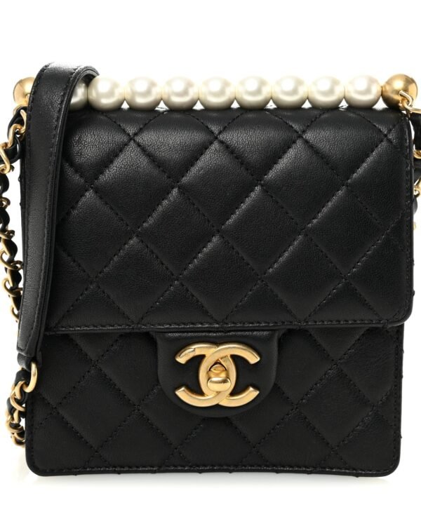 Goatskin Quilted Chic Pearls Flap Black