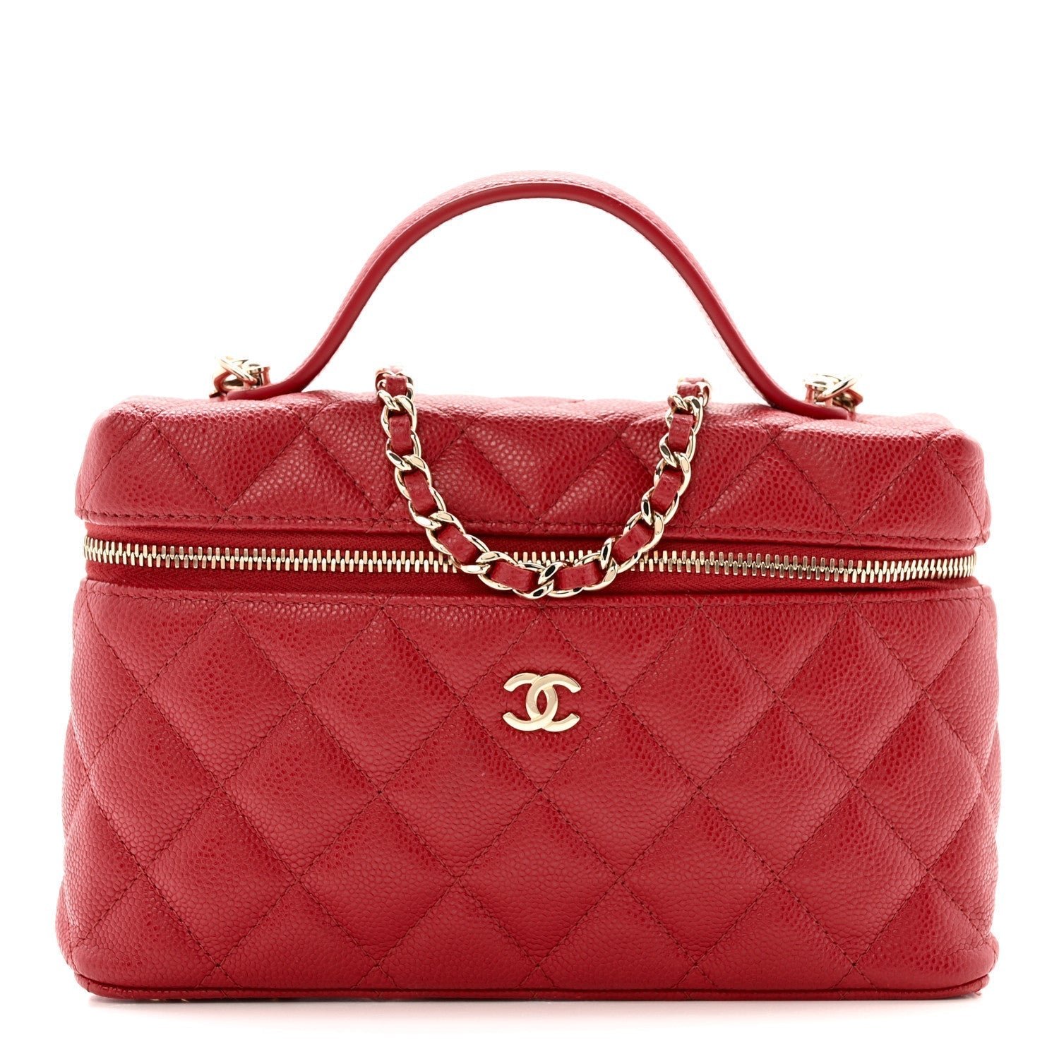 Caviar Quilted Top Handle Slim Vanity With Chain Red