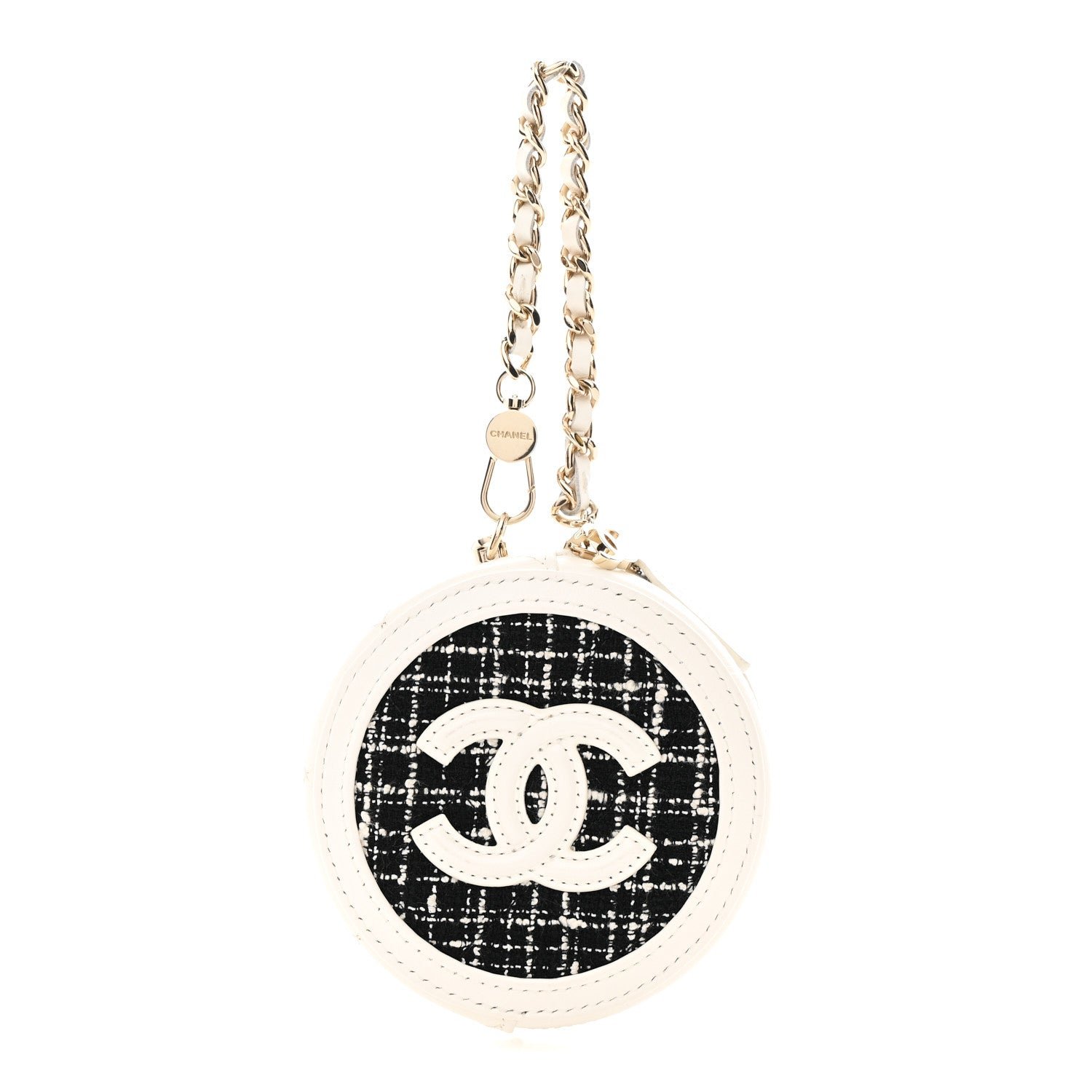 Tweed Quilted Round Filigree Pouch With Chain White Black