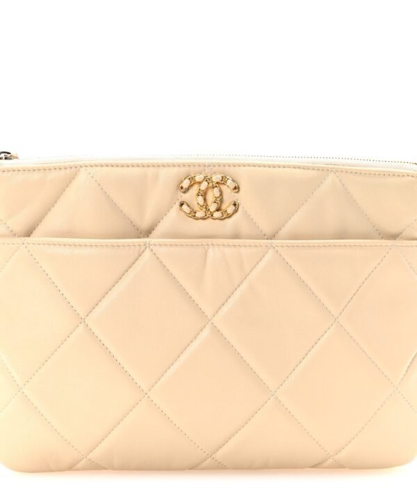 Shiny Goatskin Quilted Chanel 19 Pouch Beige