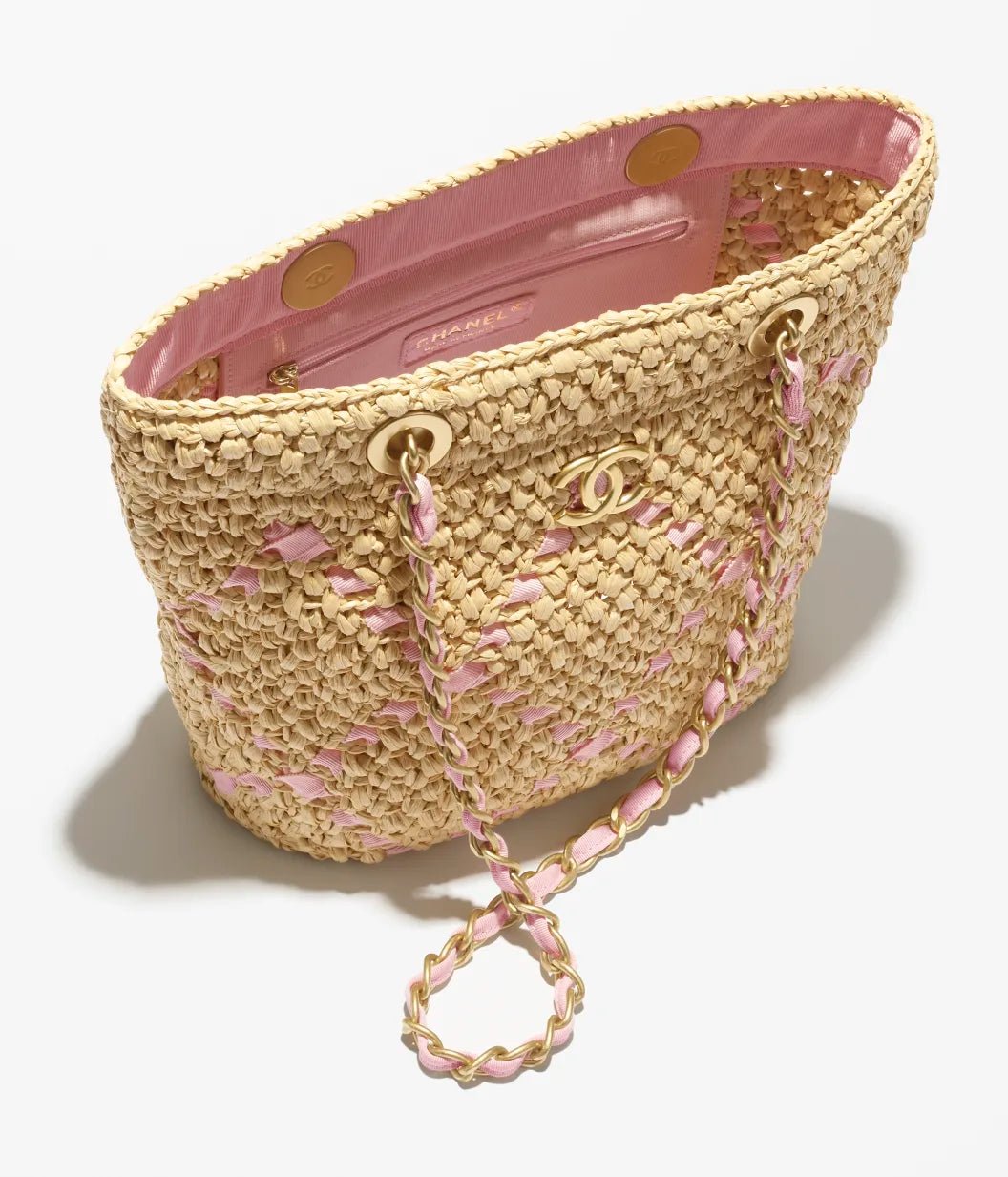 Small Tote Braided Raffia, Cotton Grosgrain Ribbon & Gold-Tone metal Beige & Light Pink - Image 2