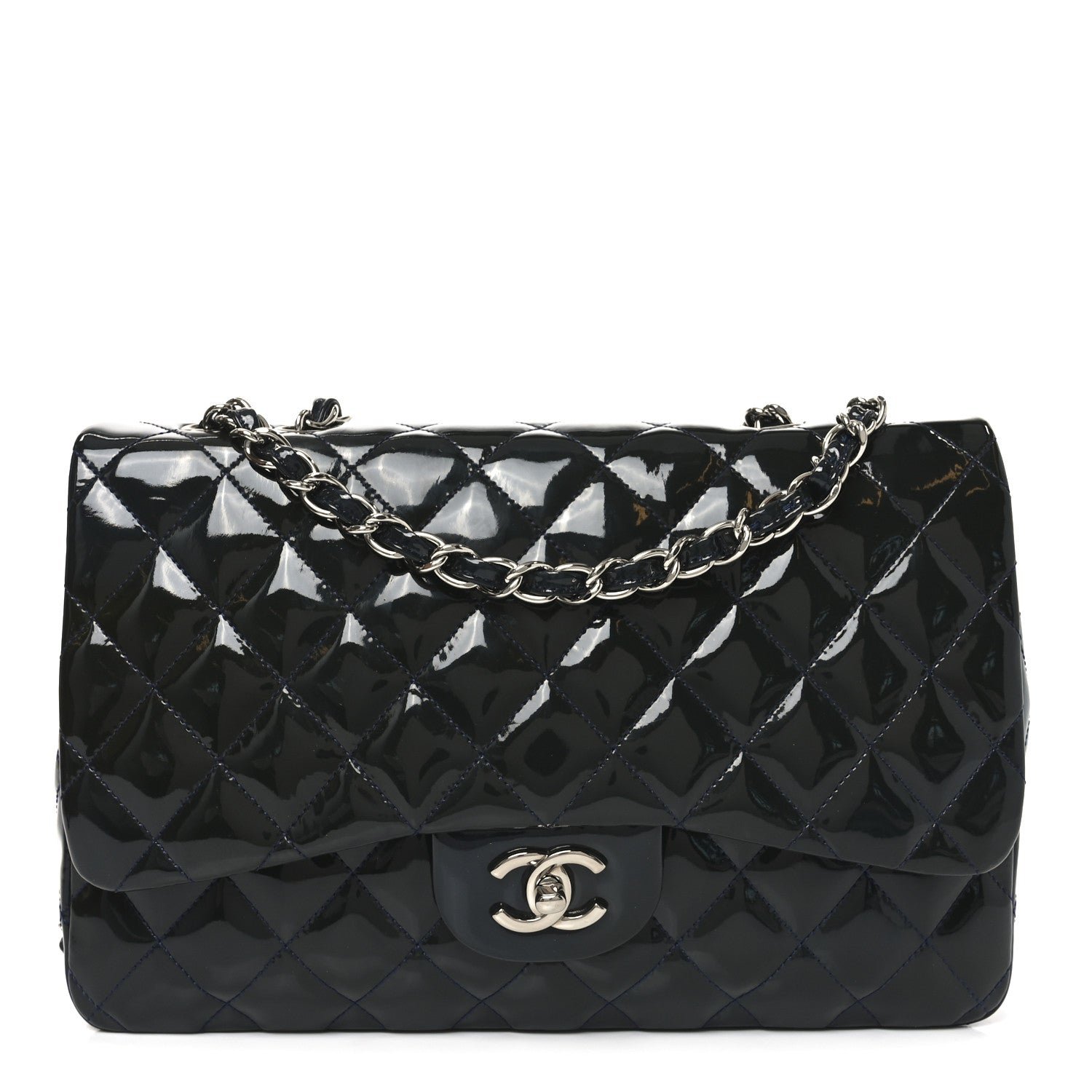 Patent Quilted Jumbo Single Flap Navy