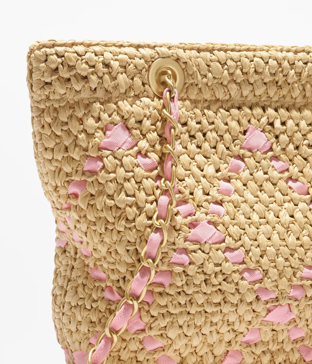 Small Tote Braided Raffia, Cotton Grosgrain Ribbon & Gold-Tone metal Beige & Light Pink - Image 3