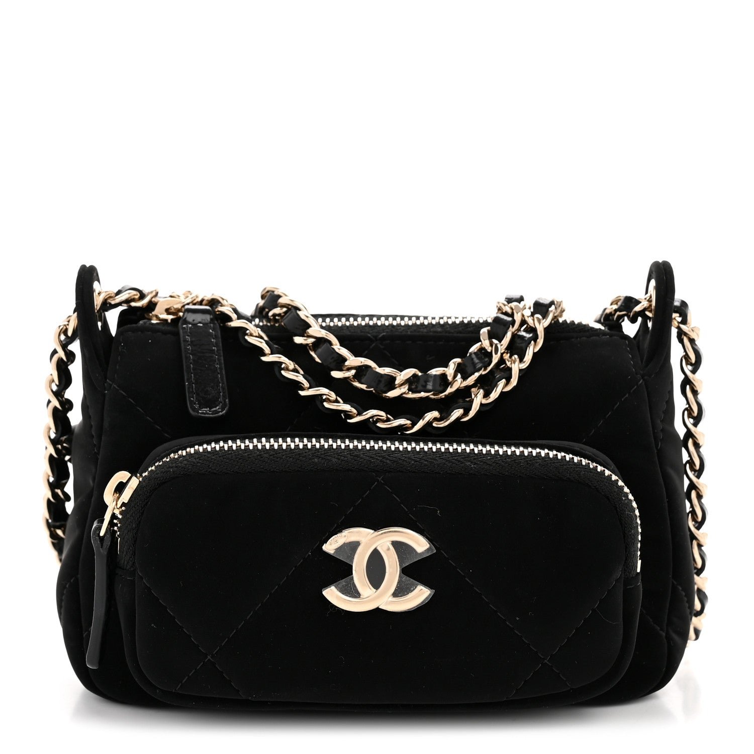 Velvet Effect Nylon Shiny Crumpled Calfskin Mini Quilted Chanel 25 Clutch With Chain Black