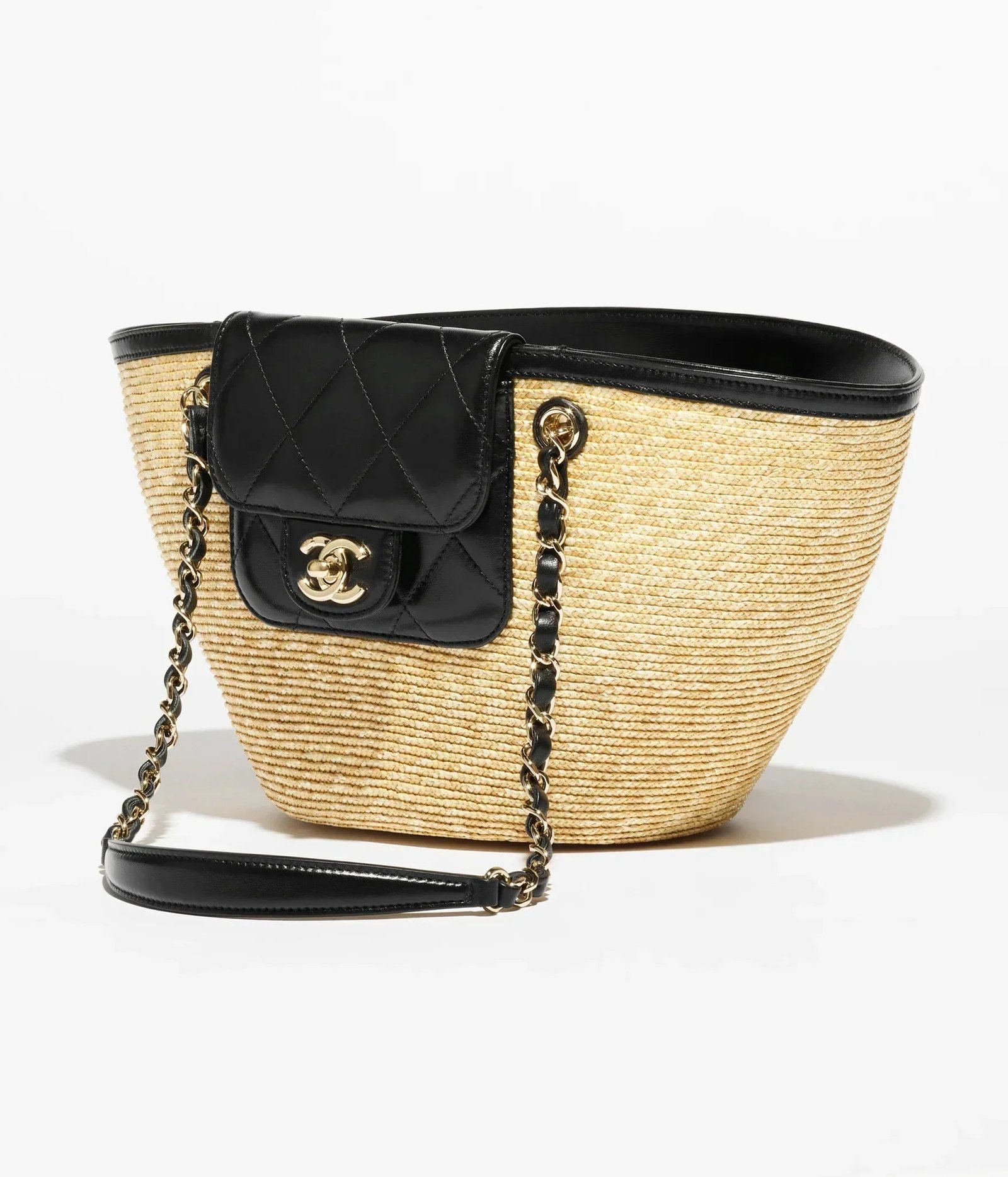 Small Shopper Braided Straw, Lambskin Leather & Gold-Tone Metal  Beige & Black
