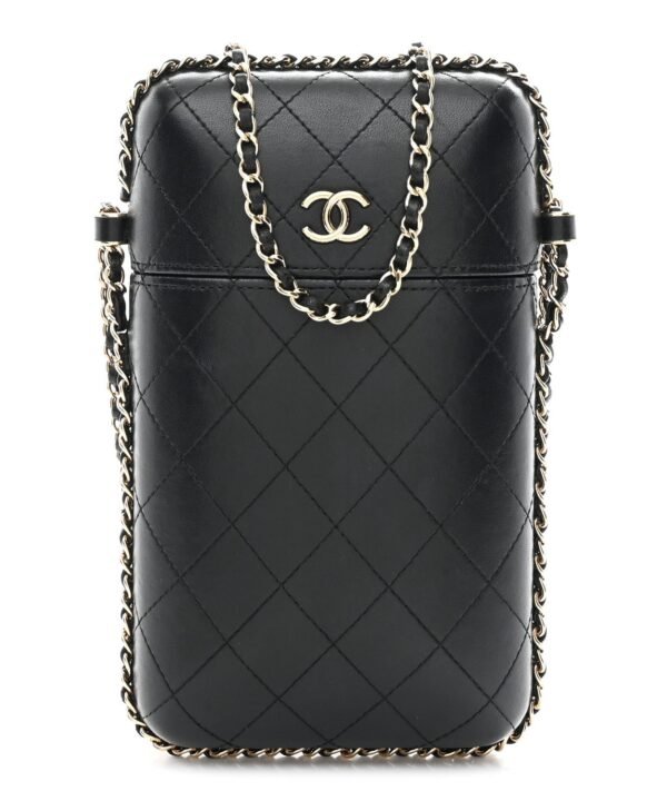 Lambskin Quilted Chain Around Phone Holder Black