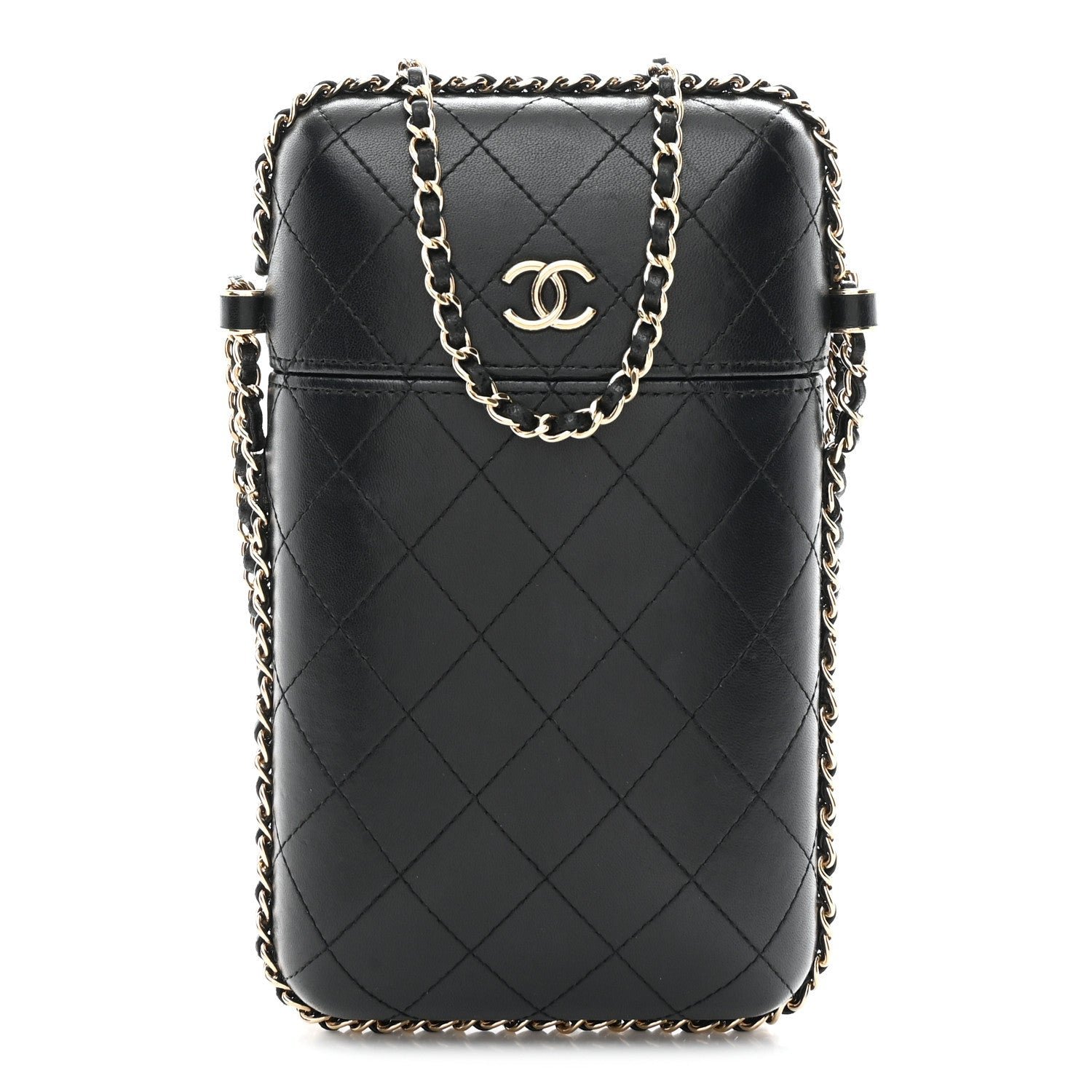 Lambskin Quilted Chain Around Phone Holder Black