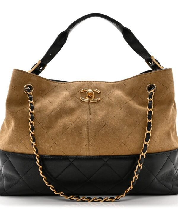 Suede Calfskin Shiny Lambskin Quilted Small Shopping Bag Beige Black