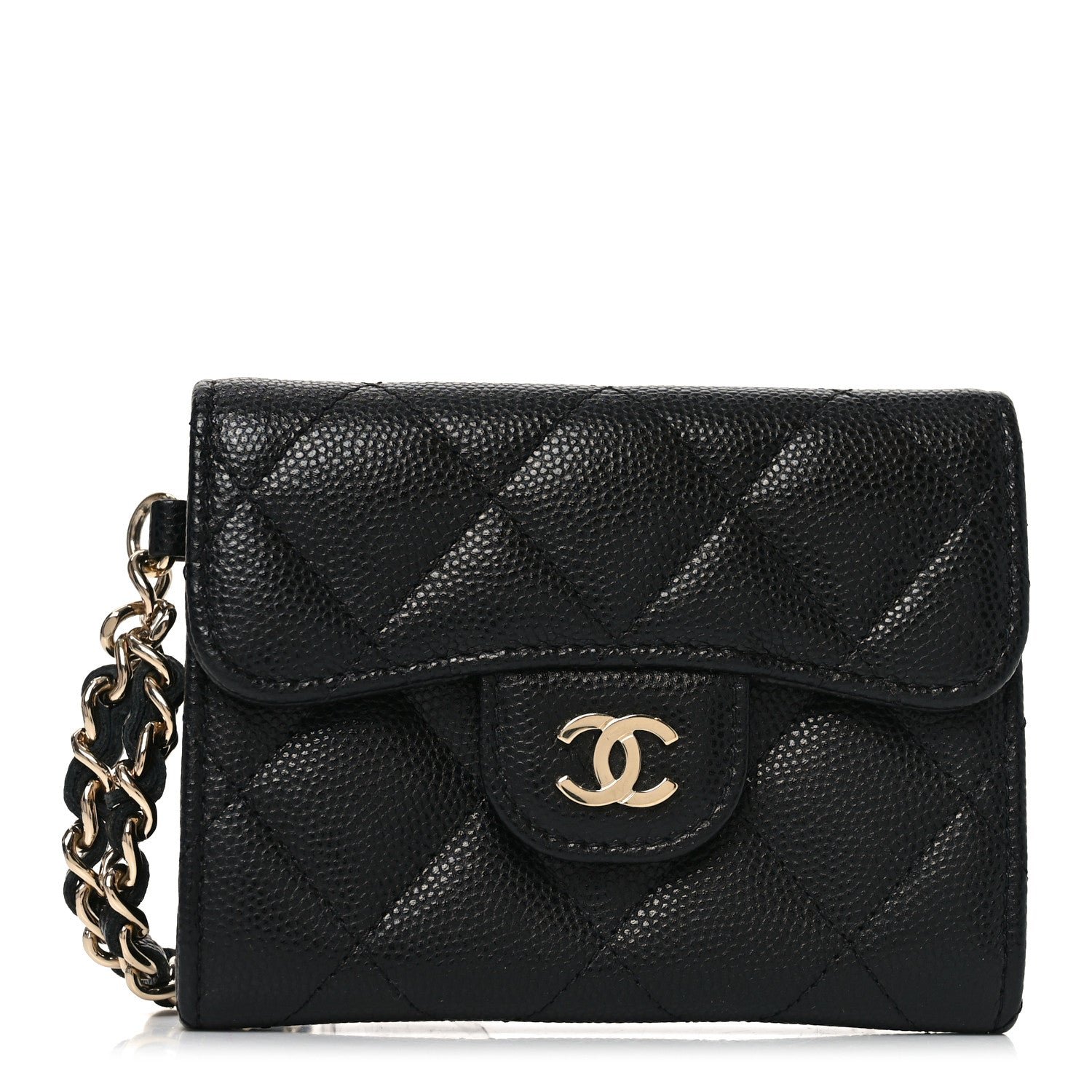 Caviar Quilted Flap Card Holder Chain Wristlet Black