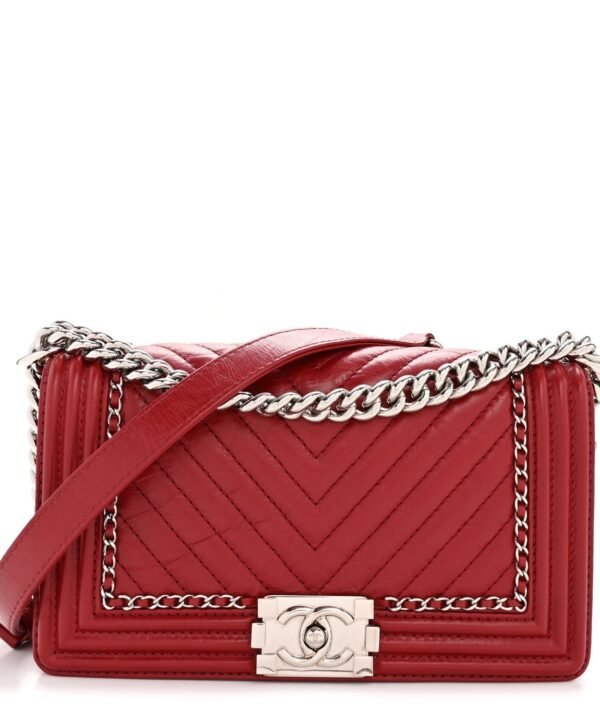 Aged Calfskin Chevron Quilted Medium Jacket Boy Flap Red