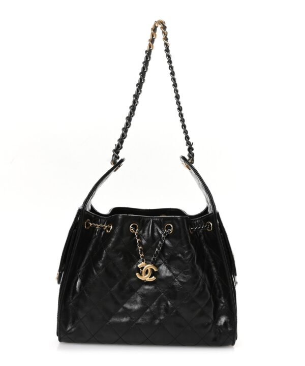 Shiny Crumpled Calfskin Quilted Small Chanel 25 Handbag Black