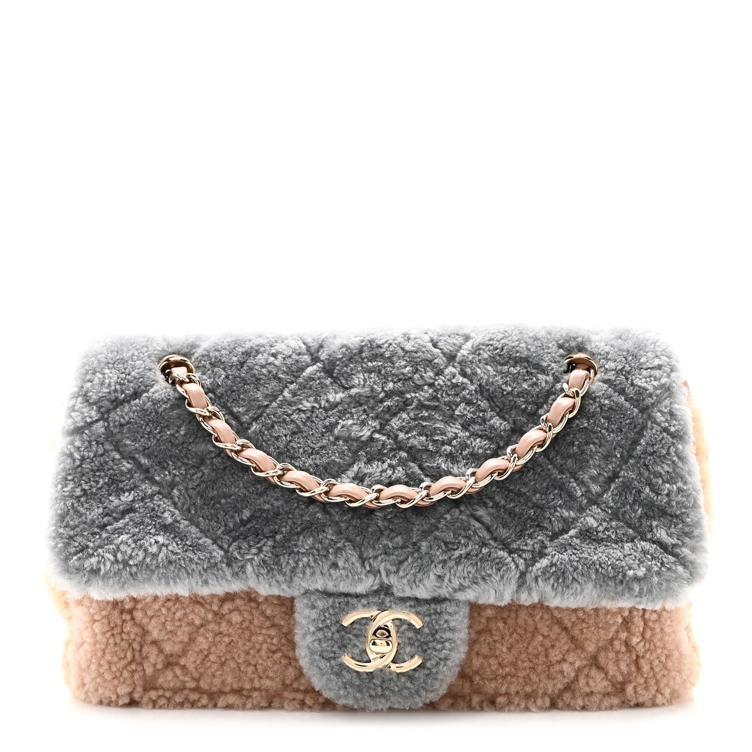 Shearling Sheepskin Single Flap Gray Pink Beige