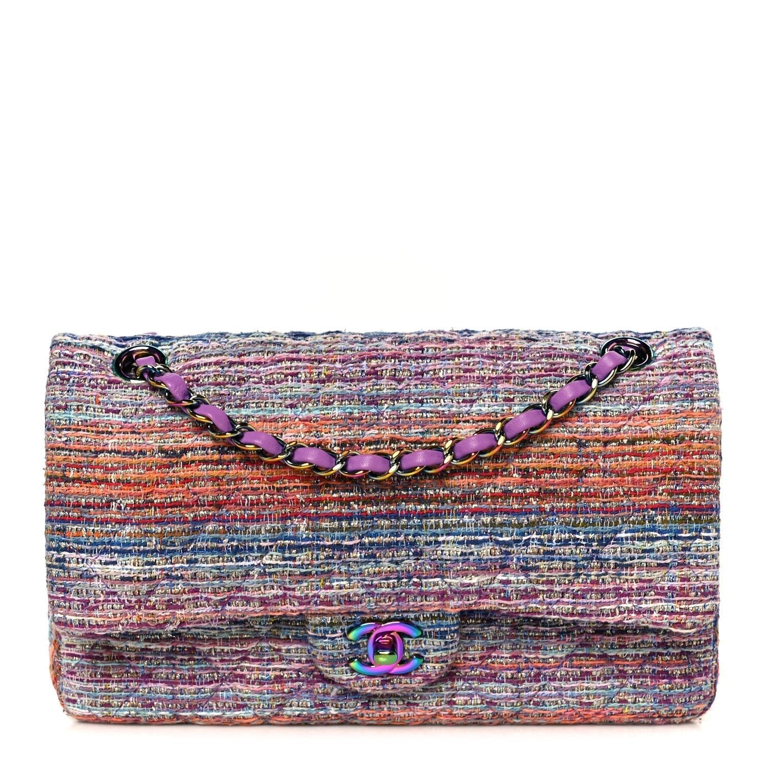 Tweed Quilted Medium Double Flap Blue Pink Orange