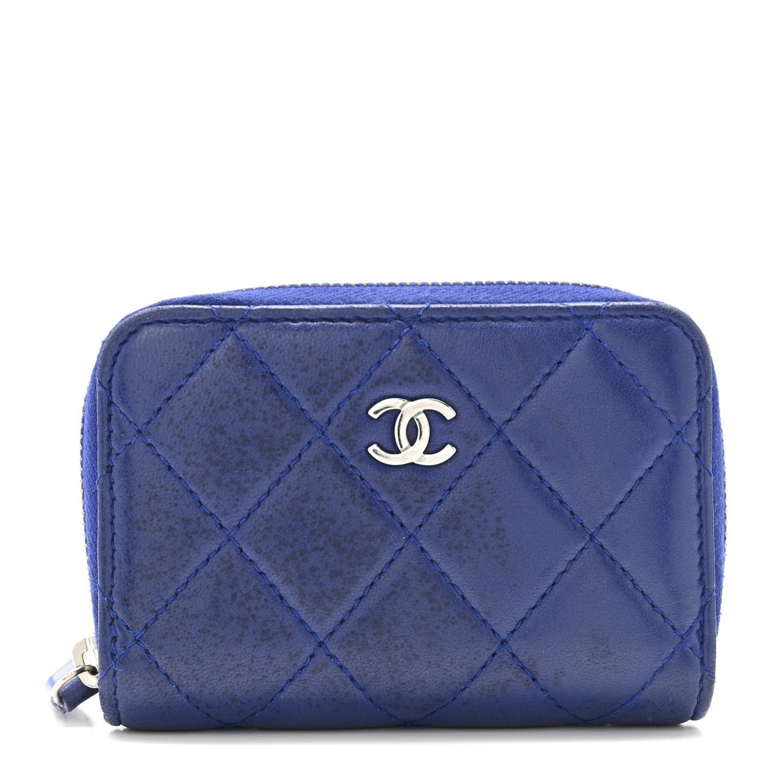 Lambskin Quilted Zip Around Coin Purse Wallet Blue