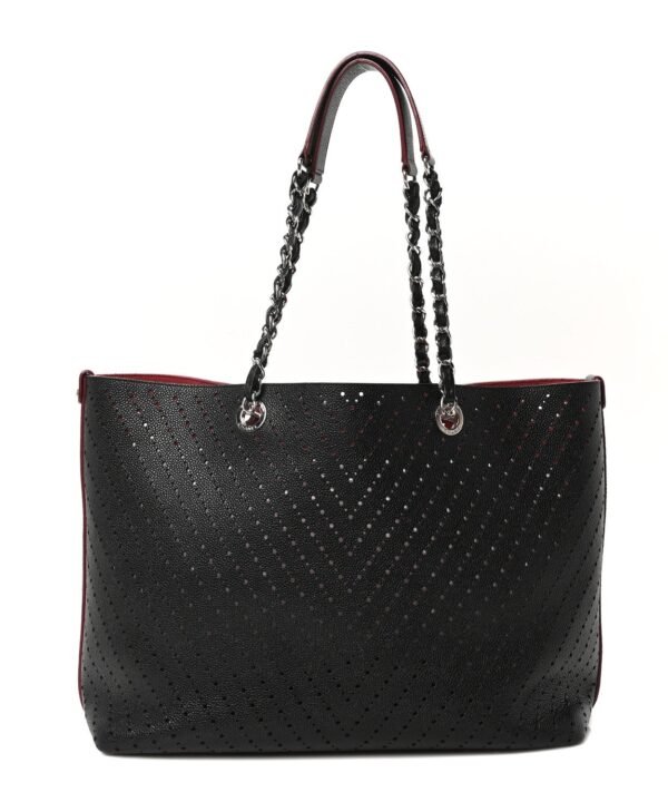 Perforated Grained Calfskin Large Shopping Tote Black