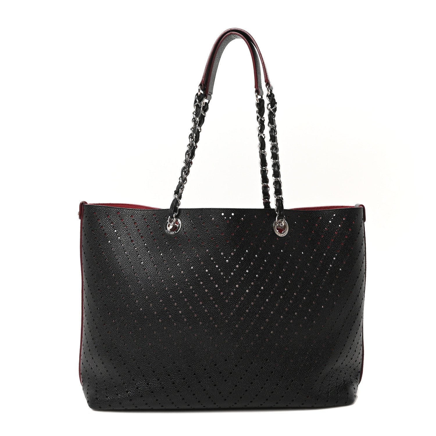 Perforated Grained Calfskin Large Shopping Tote Black