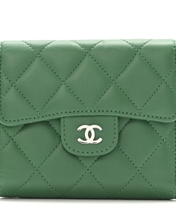 Lambskin Quilted Compact Flap Wallet Green