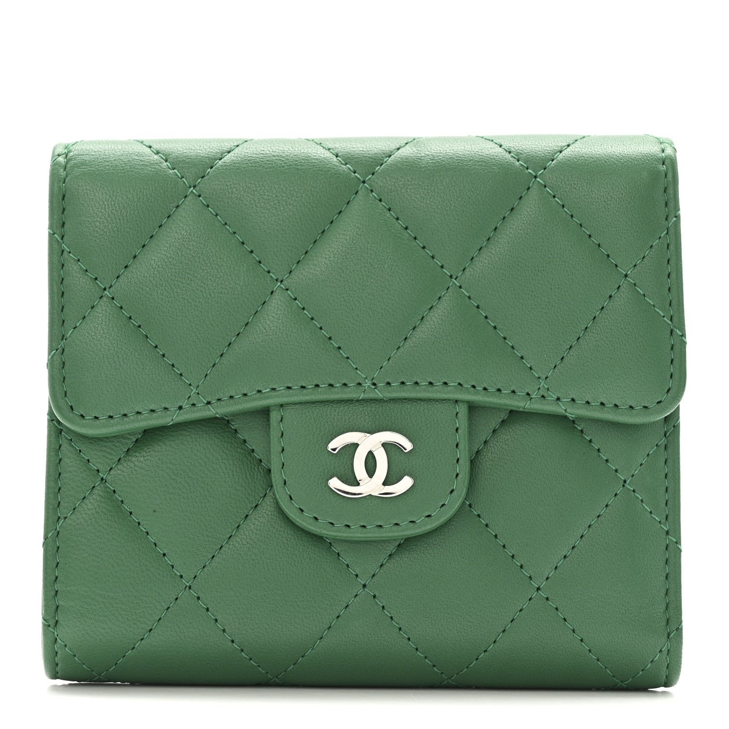 Lambskin Quilted Compact Flap Wallet Green
