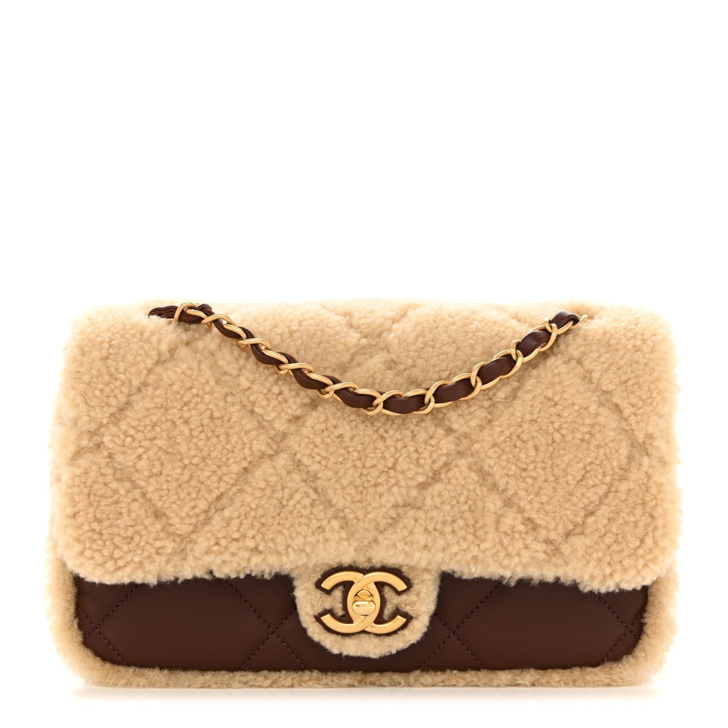 Shearling Lambskin Quilted Furry Coco Flap Dark Brown Beige