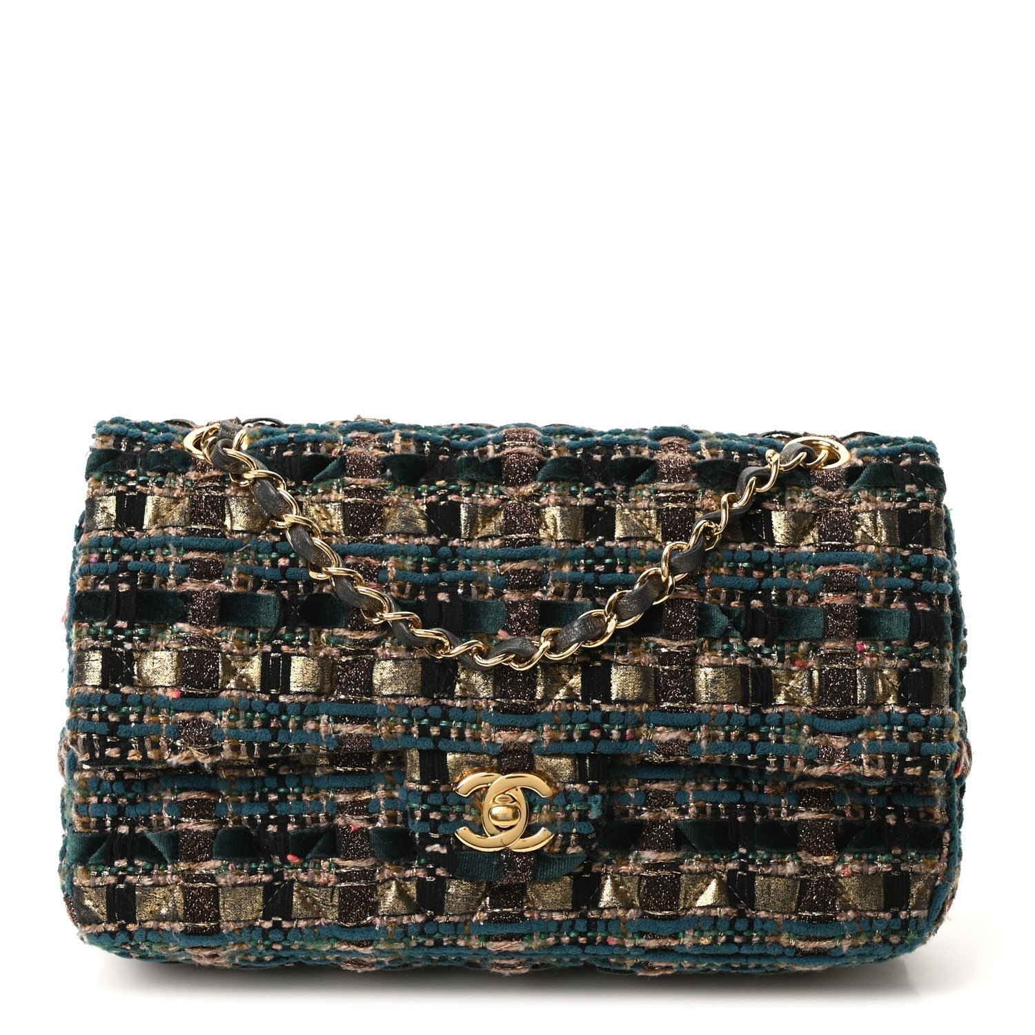 Tweed Metallic Lambskin Quilted Egyptian Double Flap Multicolor Gold