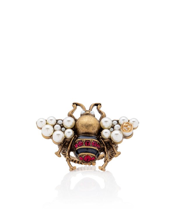 Gucci Faux Pearl & Crystal Bee Ring - Size 8 1/2