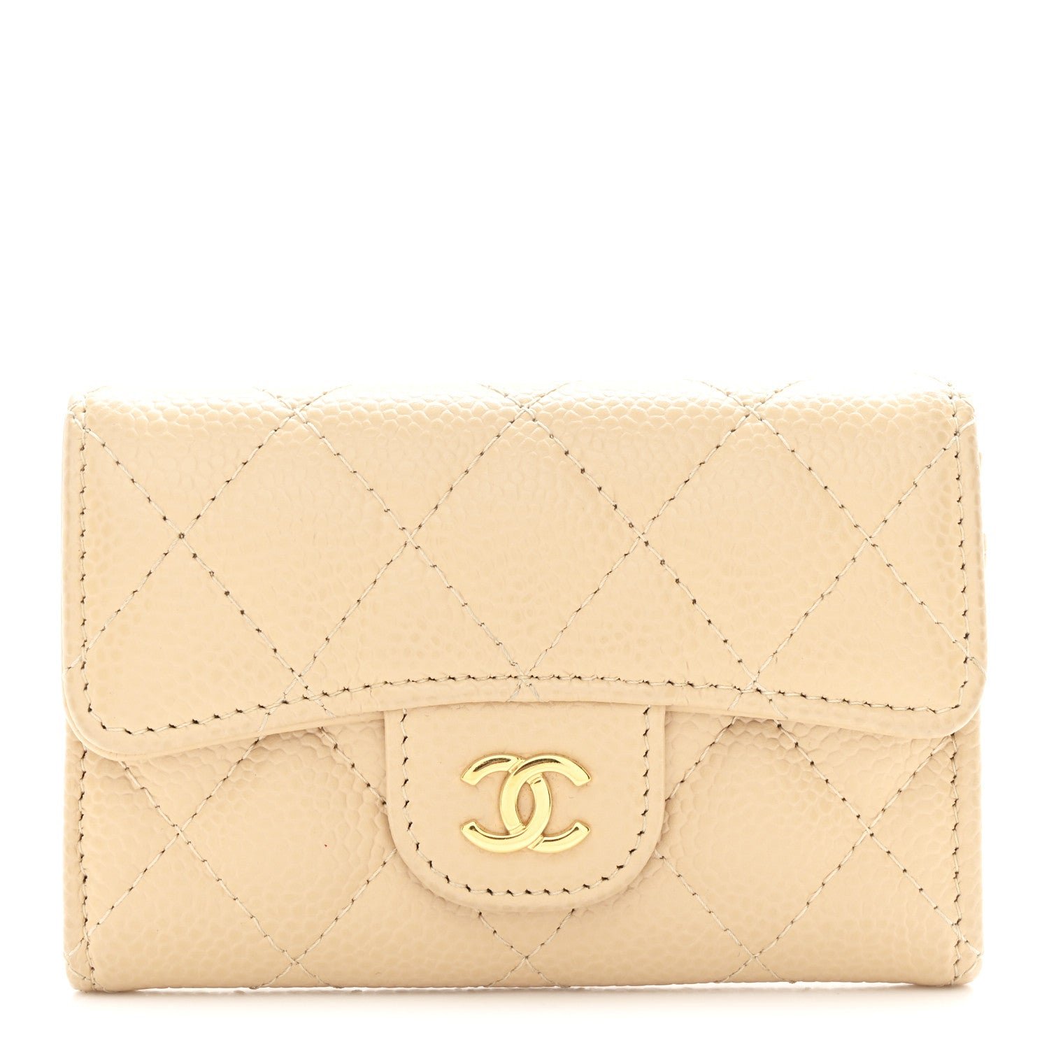 Caviar Quilted Flap Card Holder Wallet Beige
