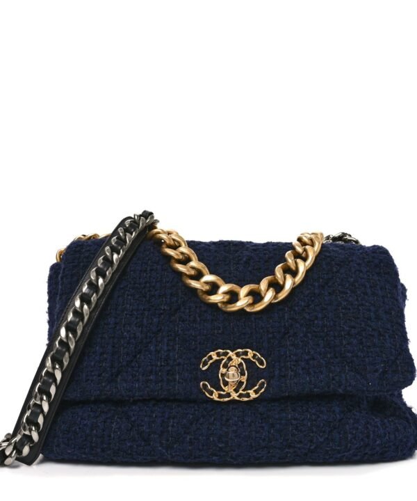 Tweed Quilted Large Chanel 19 Flap Navy Blue