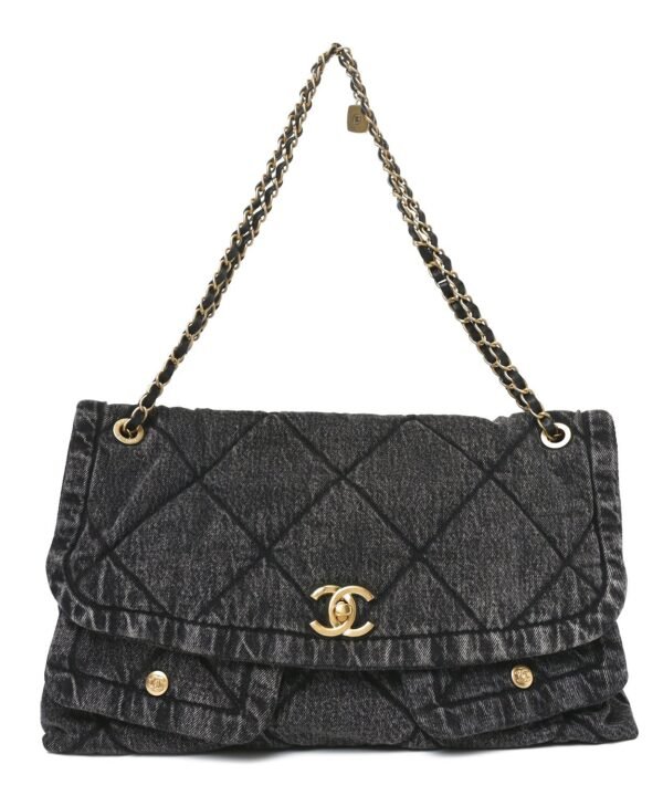 Washed Denim Quilted Maxi Flap Bag Black