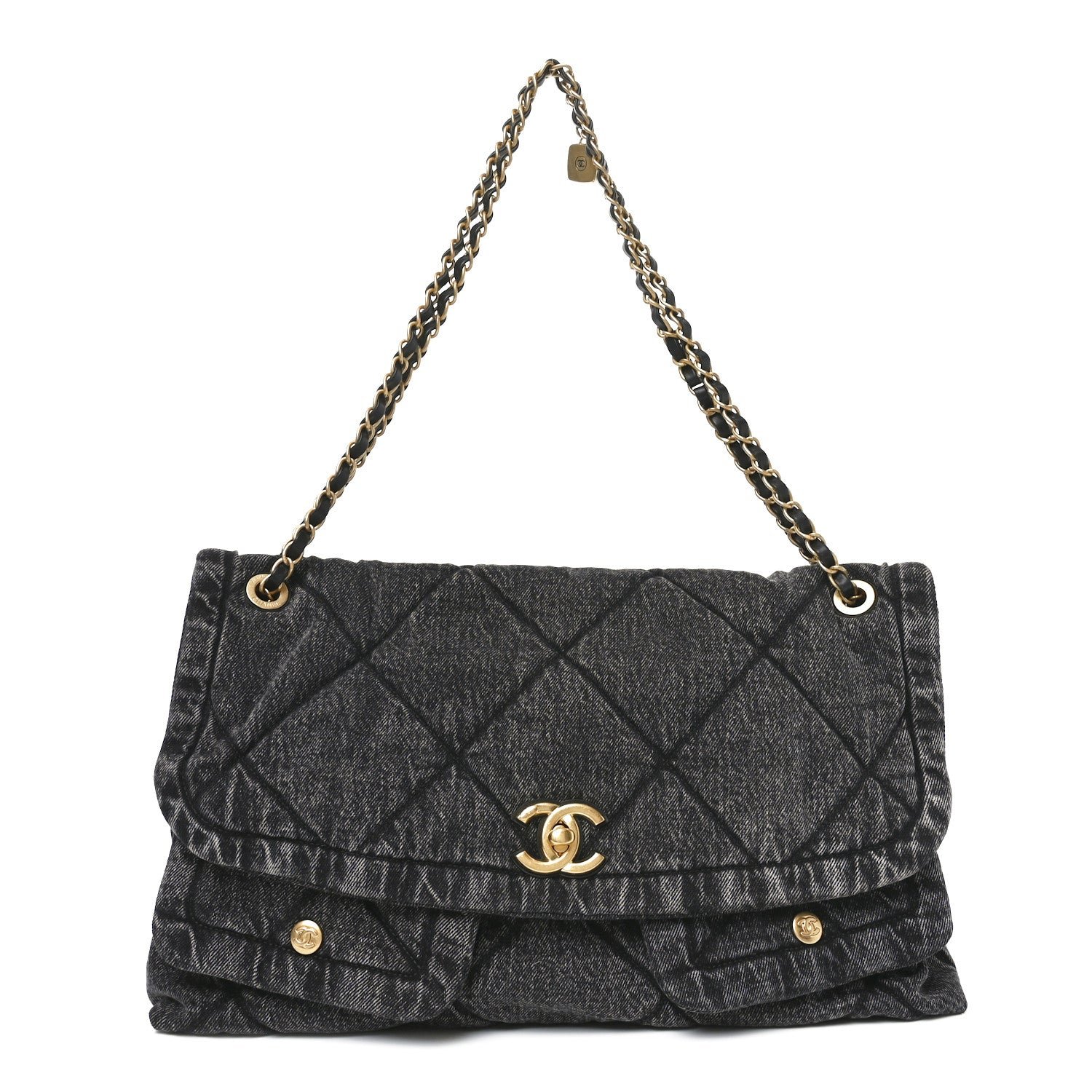 Washed Denim Quilted Maxi Flap Bag Black
