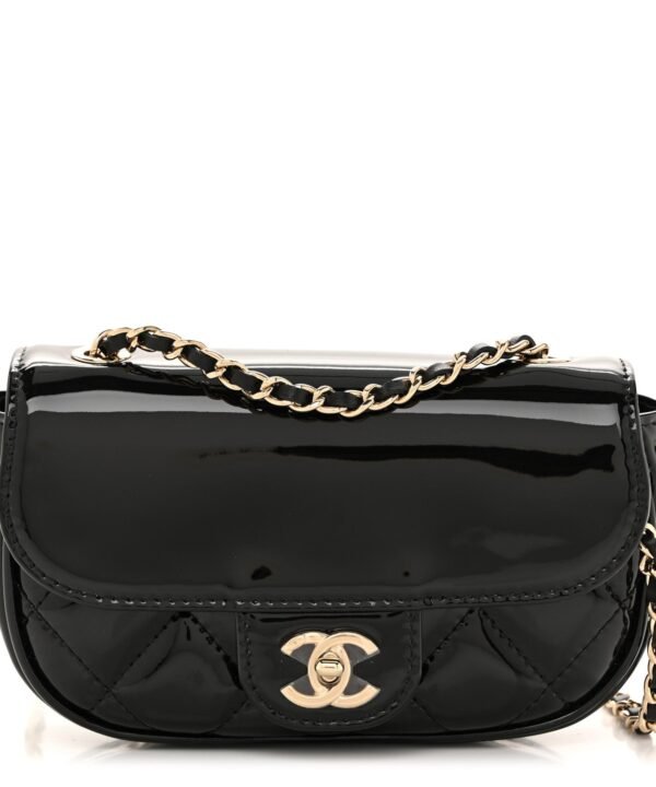 Patent Calfskin Quilted Mini Clutch Black