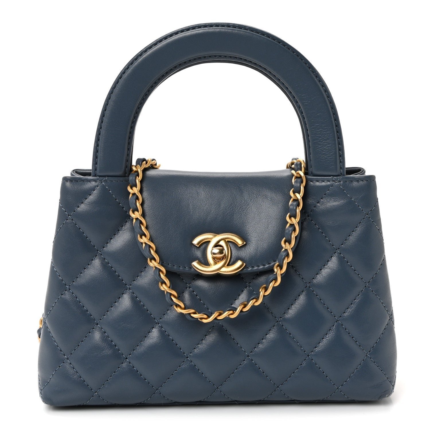 Shiny Aged Calfskin Quilted Nano Kelly Shopper Dark Blue