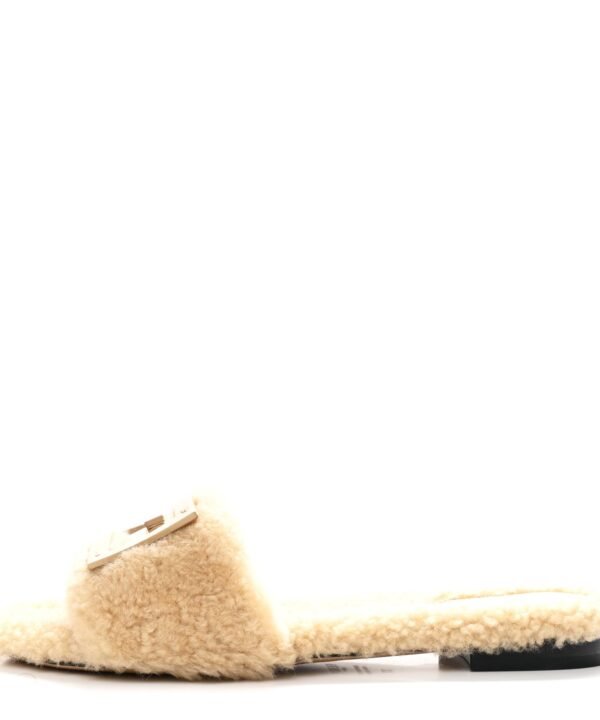 Fendi Baguette Slide Sandals Beige Naturale Shearling Slides