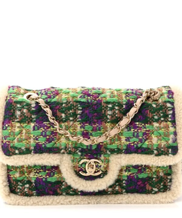 Tweed Shearling Large Flap Bag Green Purple Ecru Brown