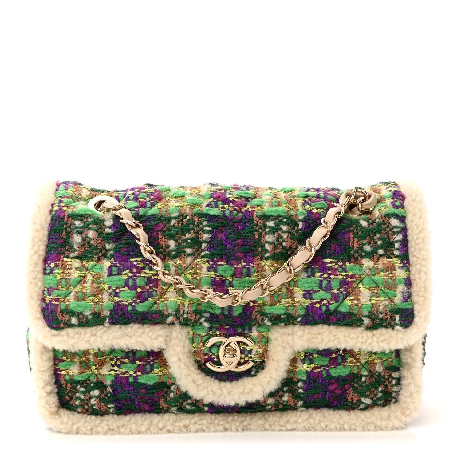 Tweed Shearling Large Flap Bag Green Purple Ecru Brown