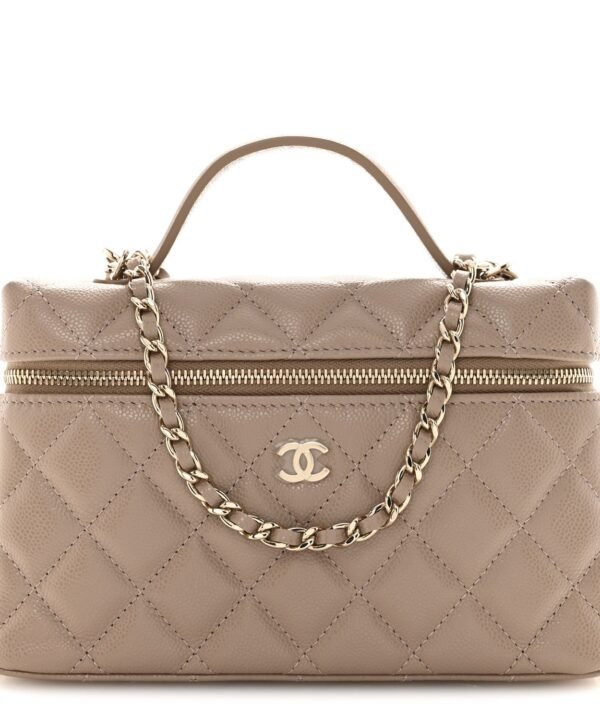 Caviar Quilted Top Handle Slim Vanity With Chain Dark Beige