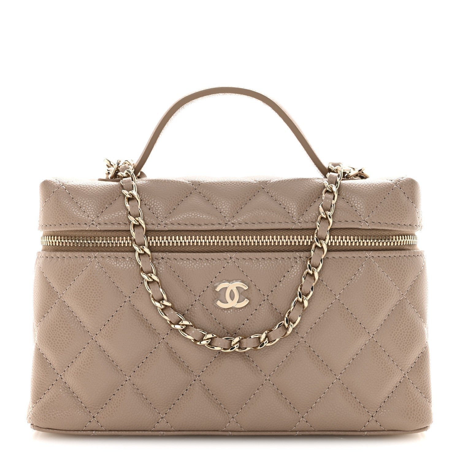 Caviar Quilted Top Handle Slim Vanity With Chain Dark Beige