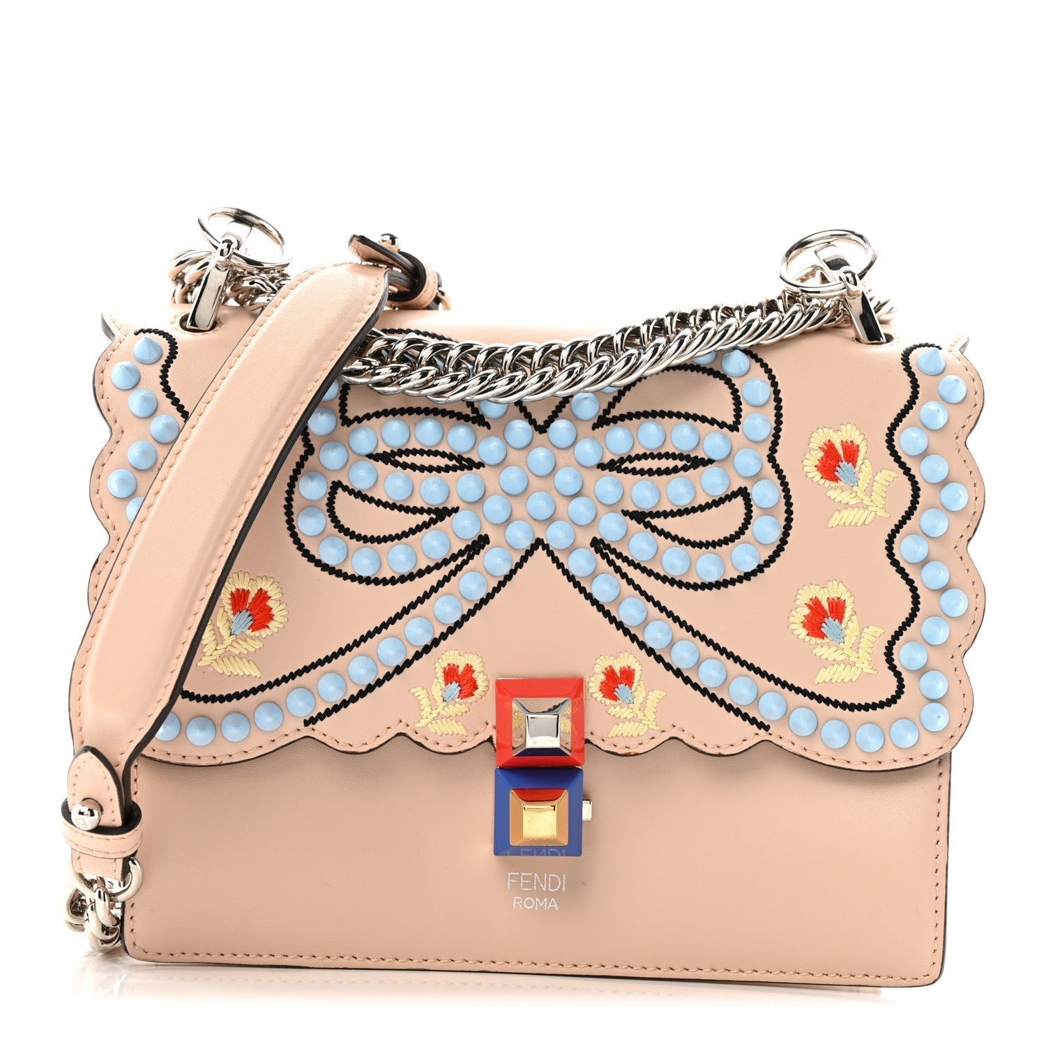 Fendi Vitello Liberty Scalloped Studded Flowers and Bows Small Kan I Shoulder Bag