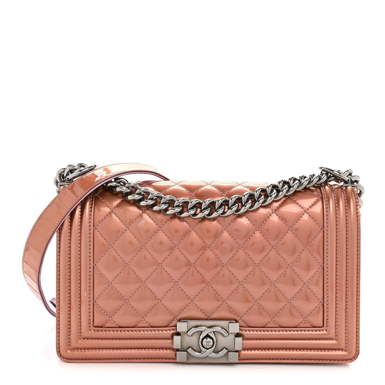 Metallic Patent Calfskin Quilted Medium Boy Flap Light Pink